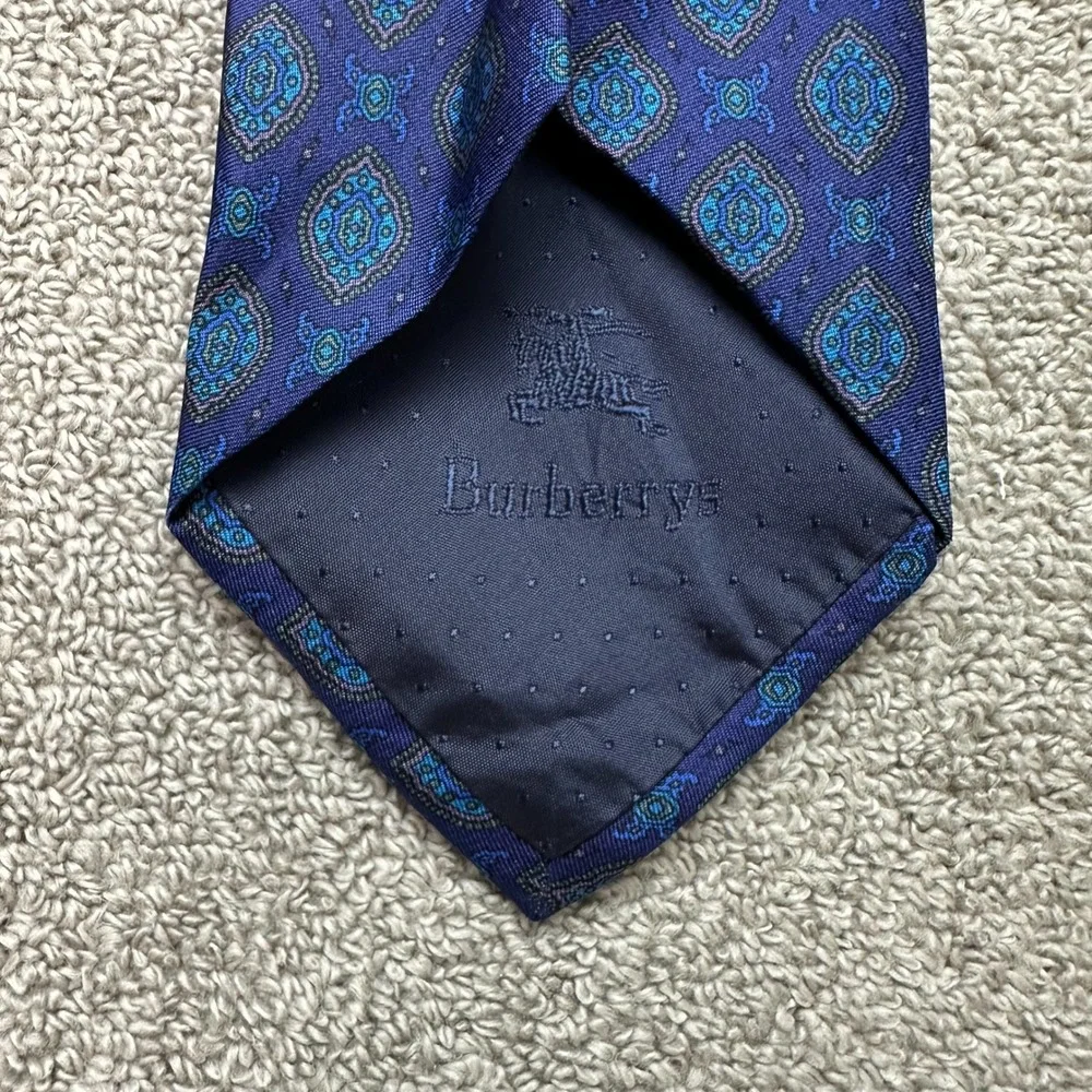 Burberrys of London Silk Tie Navy Blue Medallion Geometric Hand Sewn Vintage